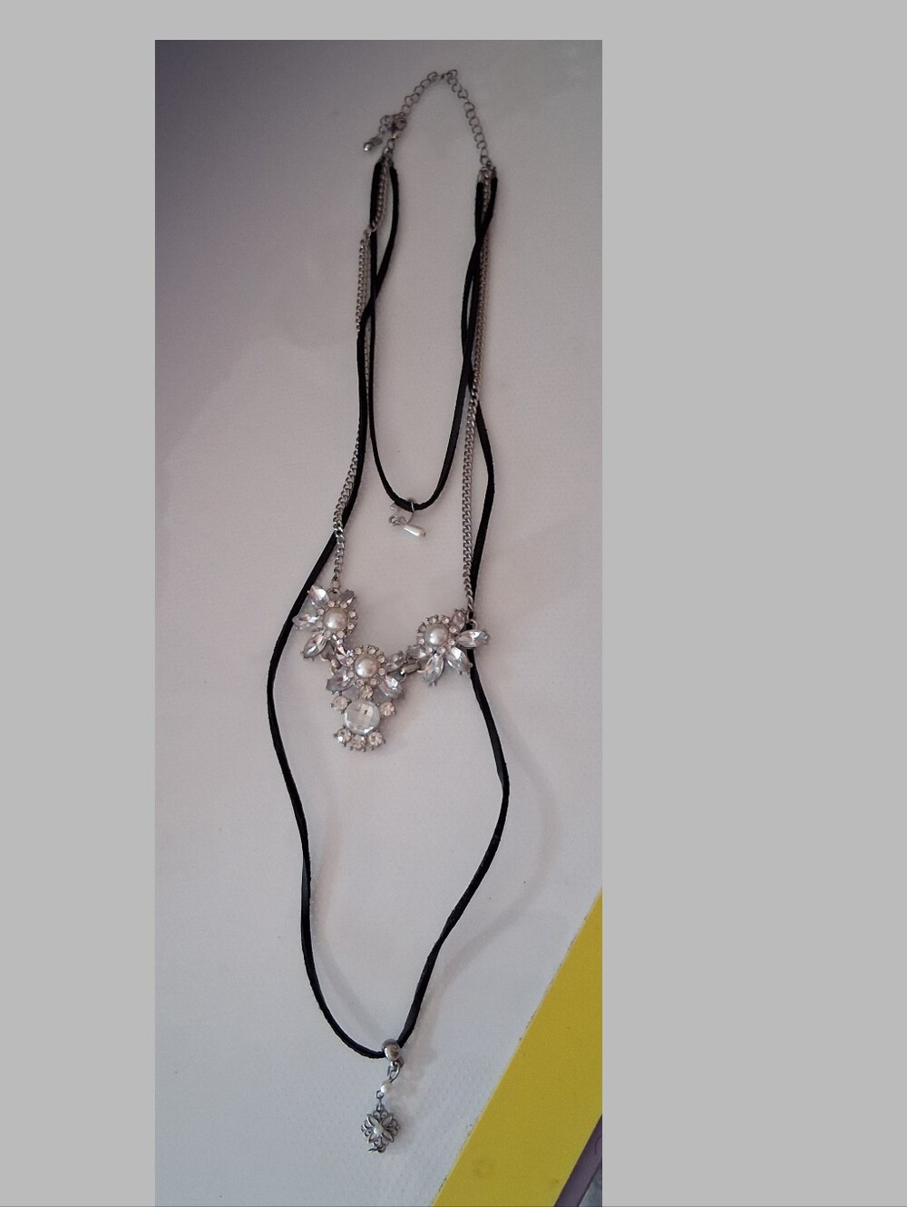 Statement Floral Crystal Pendant Necklace - Black